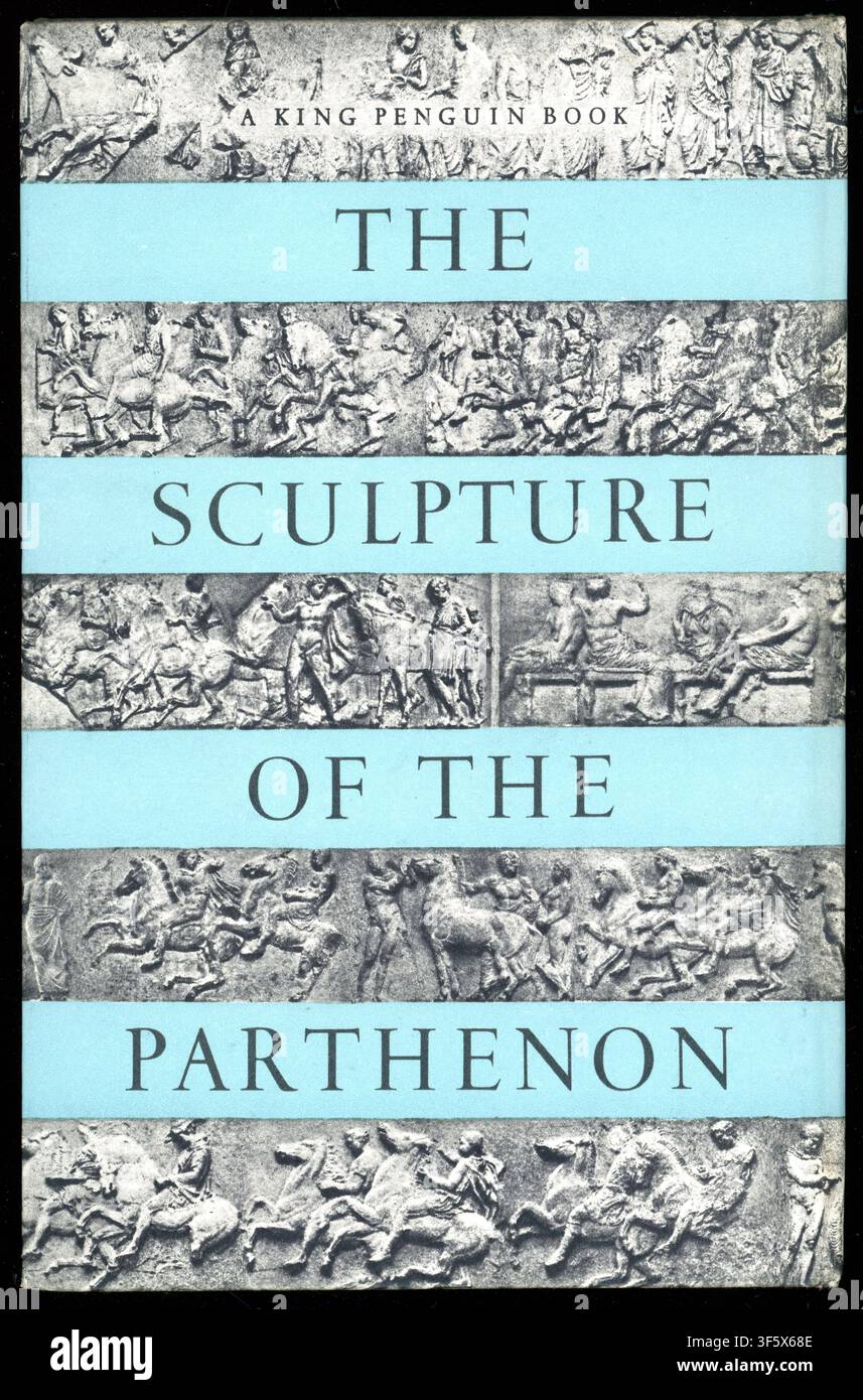 Retro copertina posteriore di un libro Penguin rilegato della metà del secolo degli anni '50, La Scultura del Partenone di P.E. Corbett. Atene, Grecia antica. 1959, UK Foto Stock