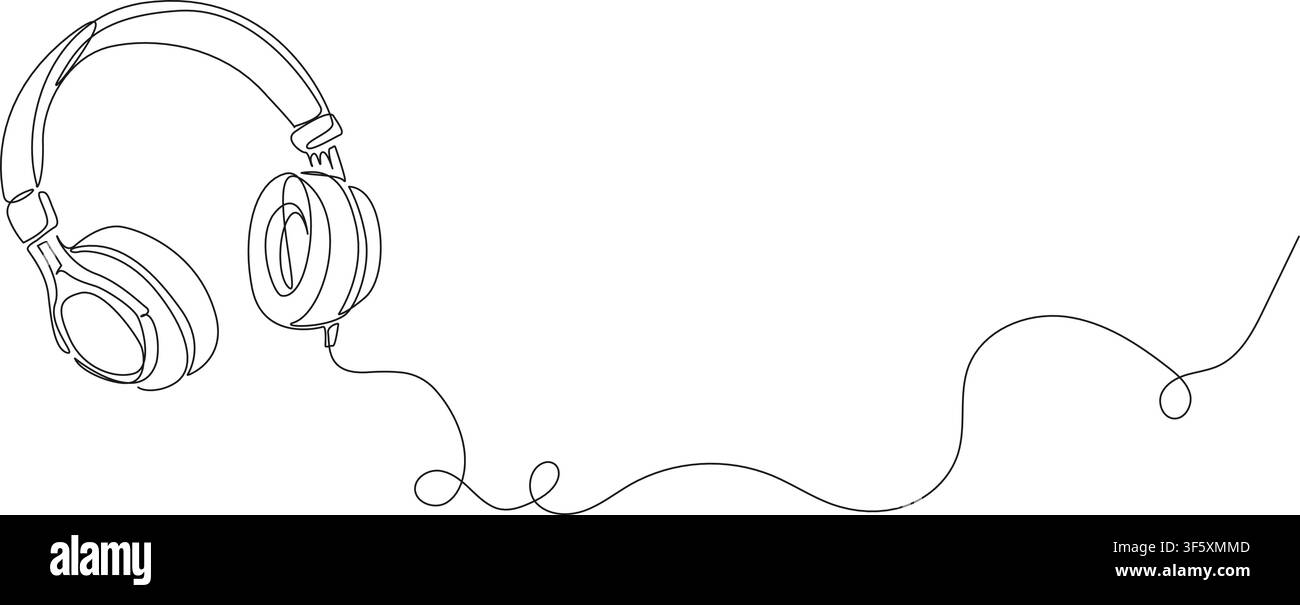 Disegno a linea continua di auricolari over-ear moderni con cavo pendente, concetto minimalista di musica, audio e podcasting, vettore a una linea Illustrazione Vettoriale