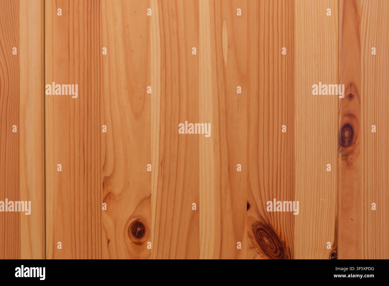 Superficie di assi di legno naturale in toni caldi con venatura verticale, nodi scuri e un motivo espressivo di legno naturale Foto Stock