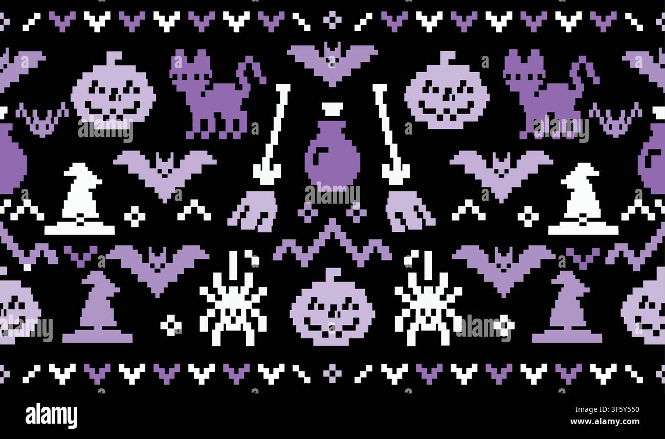 Modello Halloween in pixel art senza cuciture con fantasmi, zucche, lune, cappello da strega, pozioni, pipistrelli e icone spettrali, sfumature di viola su sfondo nero. Illustrazione Vettoriale