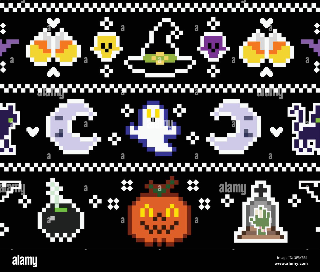 Motivo Halloween in pixel art senza cuciture con fantasmi, zucche, luna, cappello da strega, pozione, pipistrelli su sfondo nero. Illustrazione vettoriale retrò ripetitiva Illustrazione Vettoriale