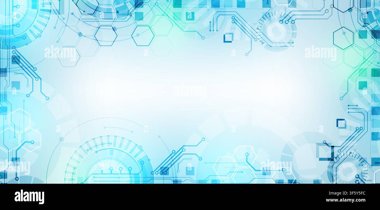 Sfondo tecnologico futuristico astratto con elementi di circuito e esagoni. Vettore Illustrazione Vettoriale