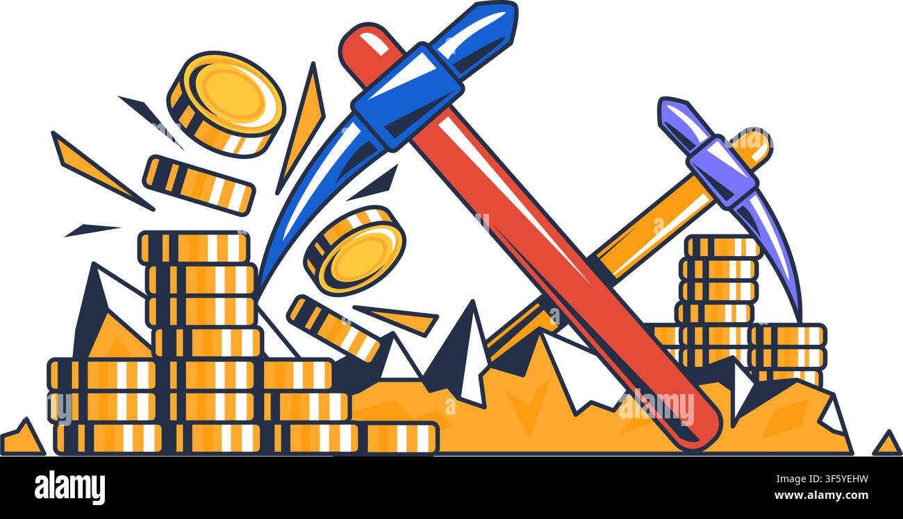 Concetto di mining di criptovalute con piccone, monete, attrezzature di mining digitali, tecnologia blockchain, investimento in crypto, produzione di bitcoin, fin digitale Illustrazione Vettoriale