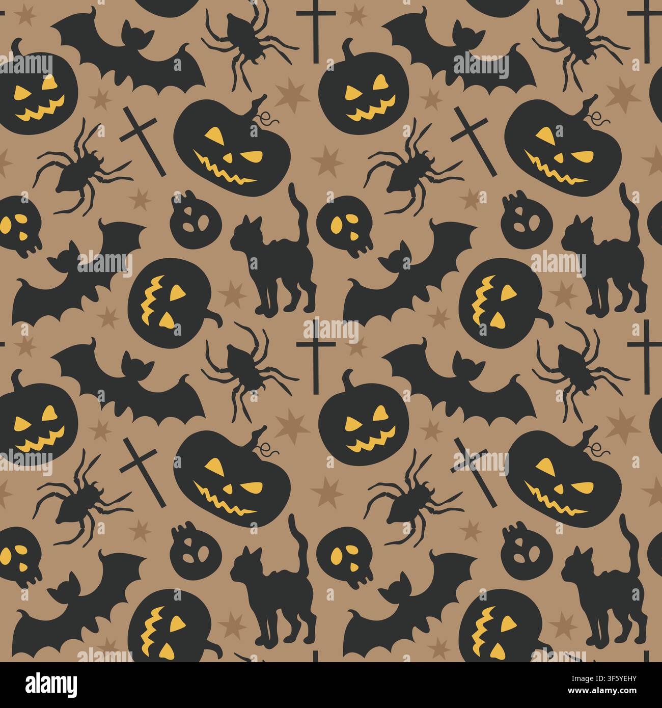 Sfondo senza cuciture per Halloween con zucca jack-o-lantern, ragnatela, teschio, pipistrello in silhouette nere per packaging o decorazioni per feste Illustrazione Vettoriale