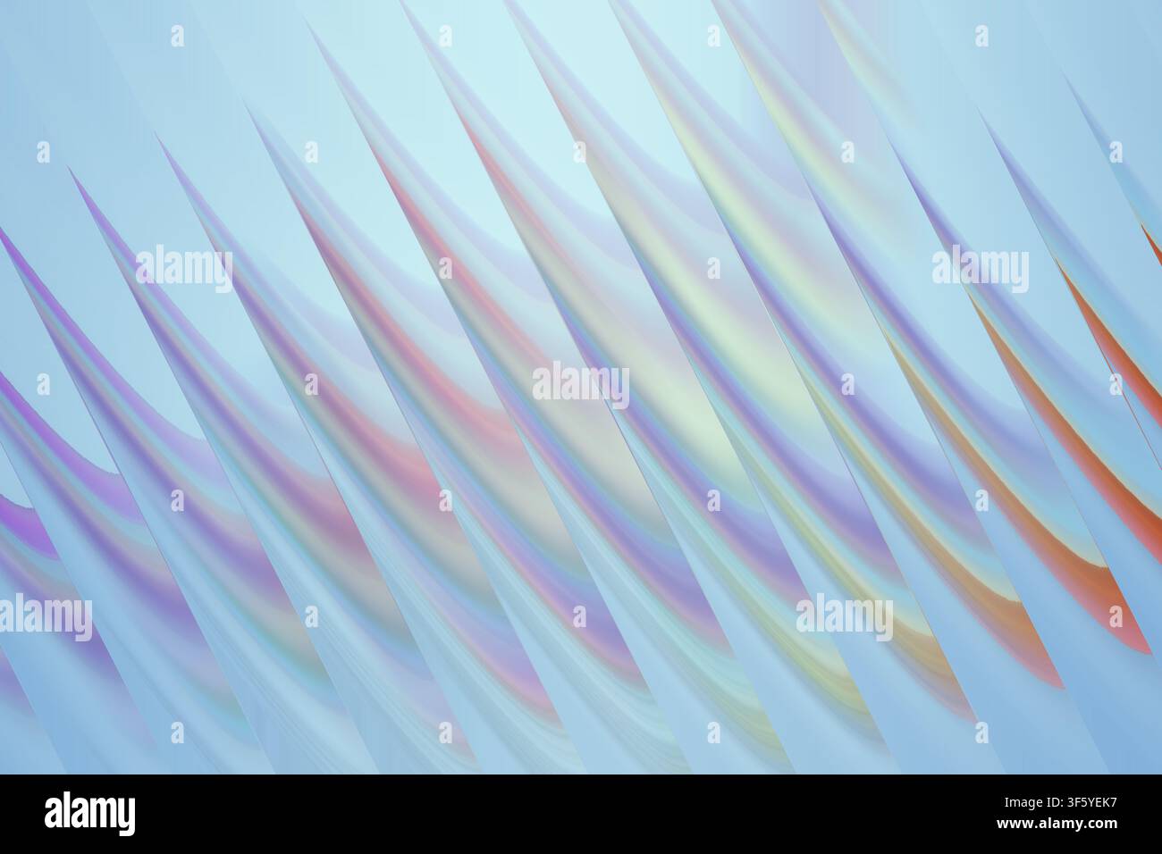 Un'opera d'arte frattale digitale serena con forme di lame diagonali e curve ripetitive in morbide tonalità pastello di blu, rosa e viola chiaro. Foto Stock