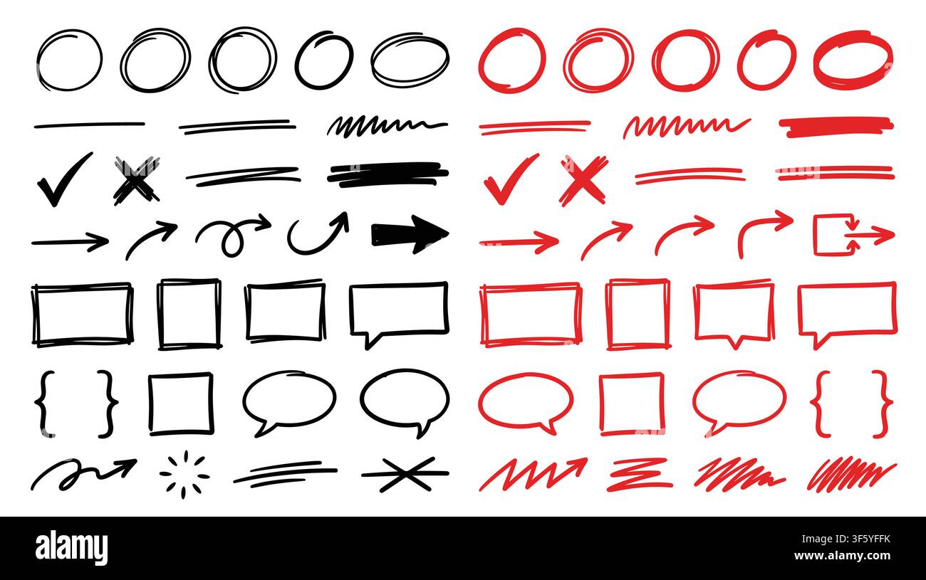 Set di icone schizzo composto da 12 elementi di design disegnati a mano con frecce, simboli, scarabocchi e segni di enfasi Illustrazione Vettoriale