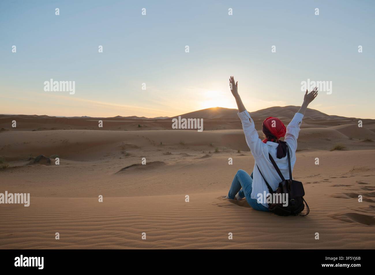Donna solitaria seduta sulla sabbia nel vasto deserto, che contempla la solitudine e la natura Foto Stock