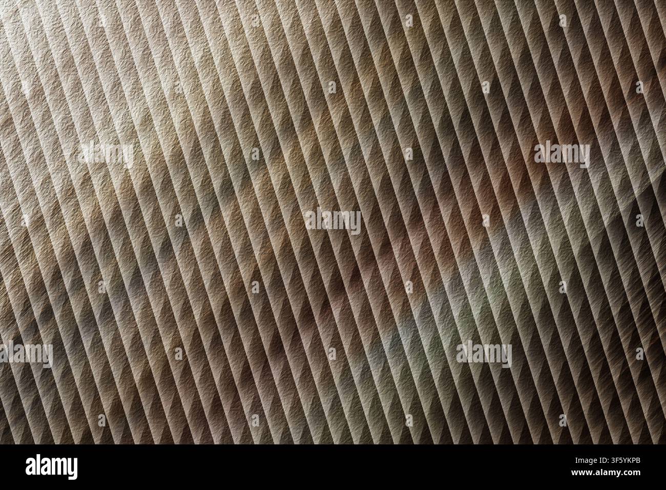 Un'immagine di sfondo astratta che mostra una texture a coste diagonali, caratterizzata da una miscela di tonalità marroni terrose e grigie metalliche. Foto Stock