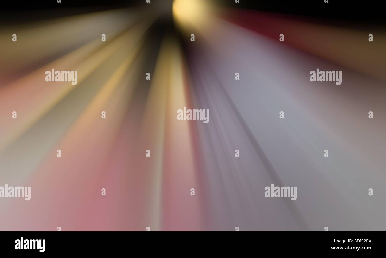 Uno sfondo astratto con un effetto di sfocatura del movimento, caratterizzato da strisce di luce radiali dorate e grigie che convergono verso un punto centrale. Foto Stock