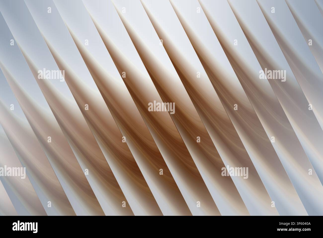 Uno sfondo astratto minimalista con una serie di forme ondulate diagonali ripetitive in argento metallico e bronzo che creano un senso di profondità e fl Foto Stock