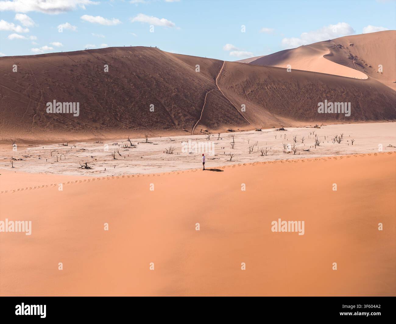 Dune di Deadvlei e Sossusvlei in Namibia con un escursionista solitario e dune a forma di stella Foto Stock