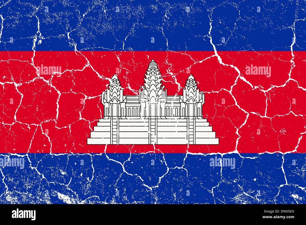 Bandiera del Cambogia, texture grunge, crepata e consumata, colori sbiaditi. Mostra i colori blu, rossi e bianchi, con il tempio di Angkor Wat. Ottimo per progetti di design patriottici, di viaggio e culturali. Illustrazione Vettoriale