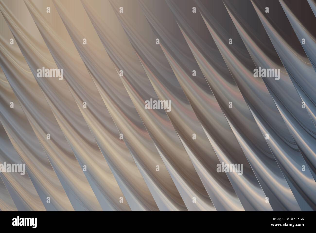 Una rappresentazione 3D astratta ad alta risoluzione con onde metalliche diagonali ripetitive, illuminazione soffusa e una texture liscia e fluida nei toni neutri. Foto Stock