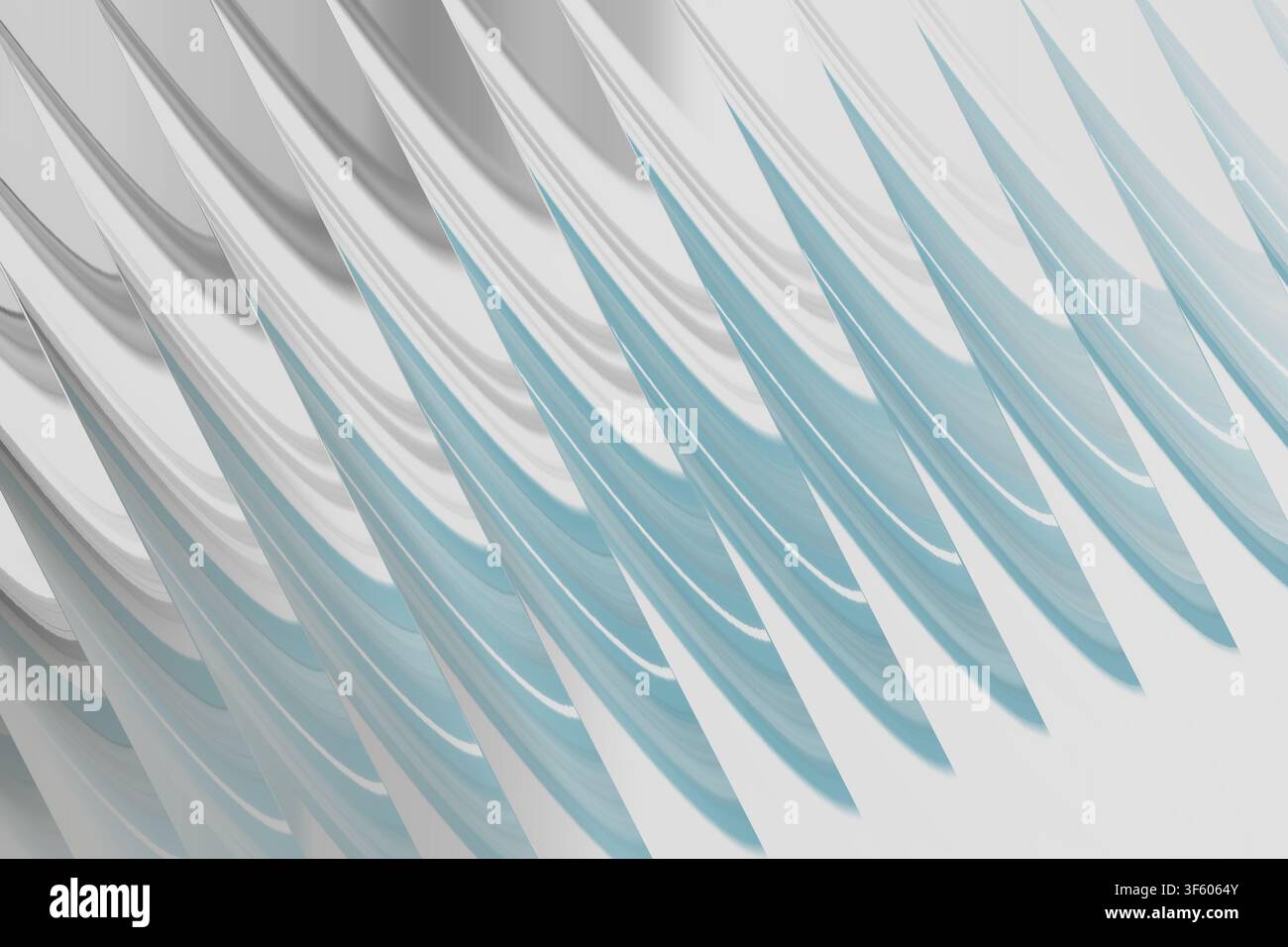 Una rappresentazione 3D astratta con un motivo ritmico di lame blu e argentate metalliche curve disposte in una formazione diagonale su uno sfondo pulito Foto Stock
