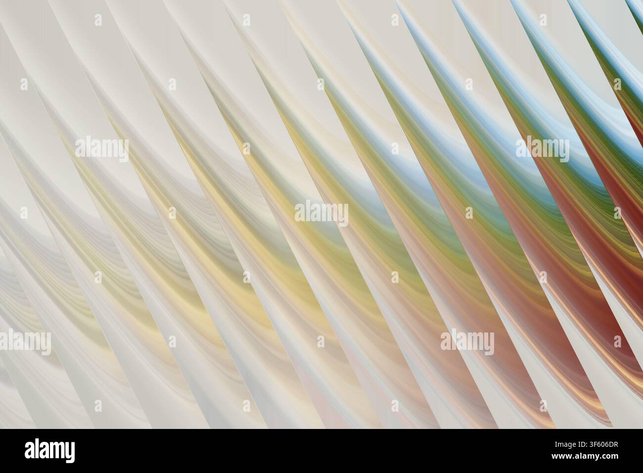 Una complessa rappresentazione 3D astratta che mostra eleganti onde diagonali con una tavolozza di colori caldi, con sfumature di crema, giallo, arancione e verde acqua. Foto Stock