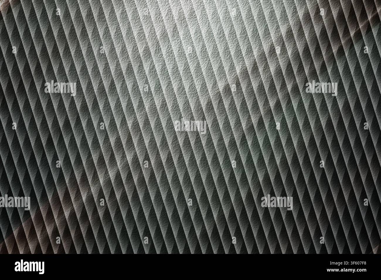 Uno sfondo astratto ad alta risoluzione con un motivo diagonale ripetitivo e una superficie metallica textureggiata nelle tonalità dell'argento, grigio e antracite Foto Stock