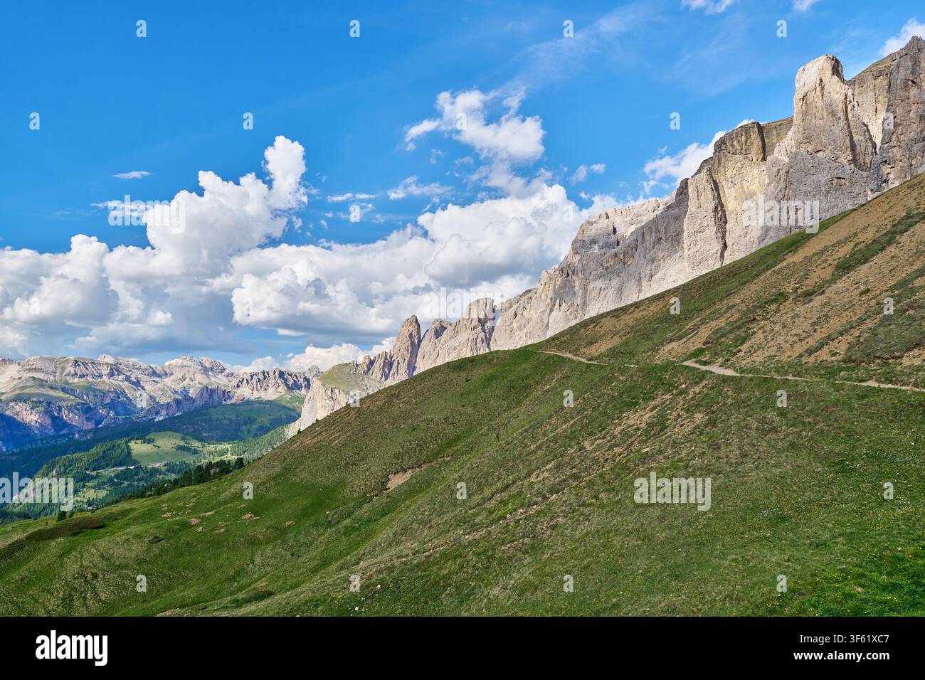 Ripido pendio erboso alpino con una parete rocciosa imponente sotto un cielo azzurro con nuvole. Foto Stock