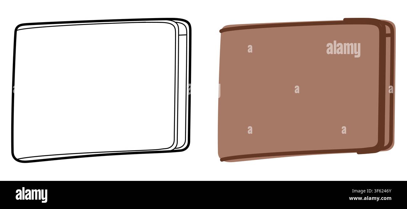 Portafoglio Bifold con opzioni di chiusura e apertura con tasche e chiusura con pattina. Illustrazione tecnica degli accessori moda. Organizer per uomo, donna, silhouette unisex, borsa piatta con disegno CAD isolato Illustrazione Vettoriale