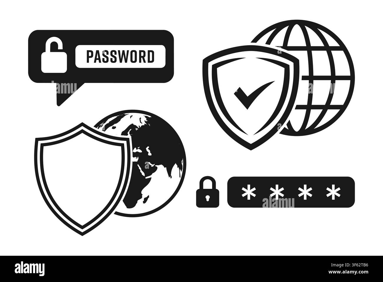 Concetto di sicurezza con simboli di protezione tramite password digitale per la privacy dei dati globali e l'accesso sicuro a Internet Illustrazione Vettoriale