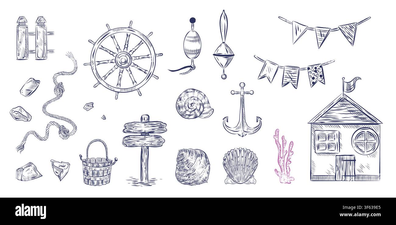 Una serie di illustrazioni a tema marino, disegnate a mano in vettore. Faro, ancora, timone della nave, corde, conchiglie, cottage, galleggianti, secchio e Illustrazione Vettoriale