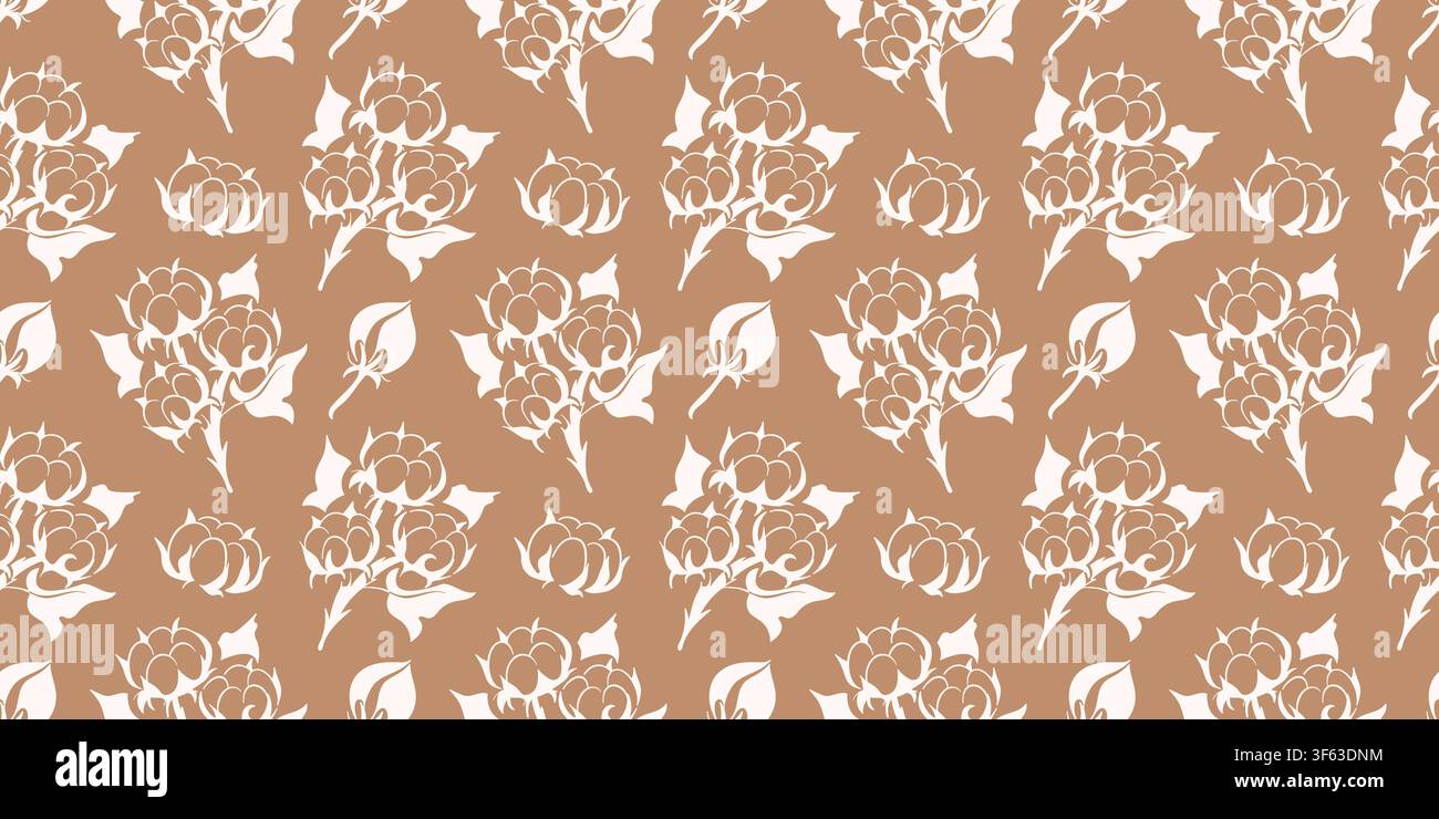 Modello senza cuciture con delicata fiore di pianta in cotone bianco su sfondo marrone. Stampa tessile botanica naturale e organica. Sfondo floreale astratto Illustrazione Vettoriale