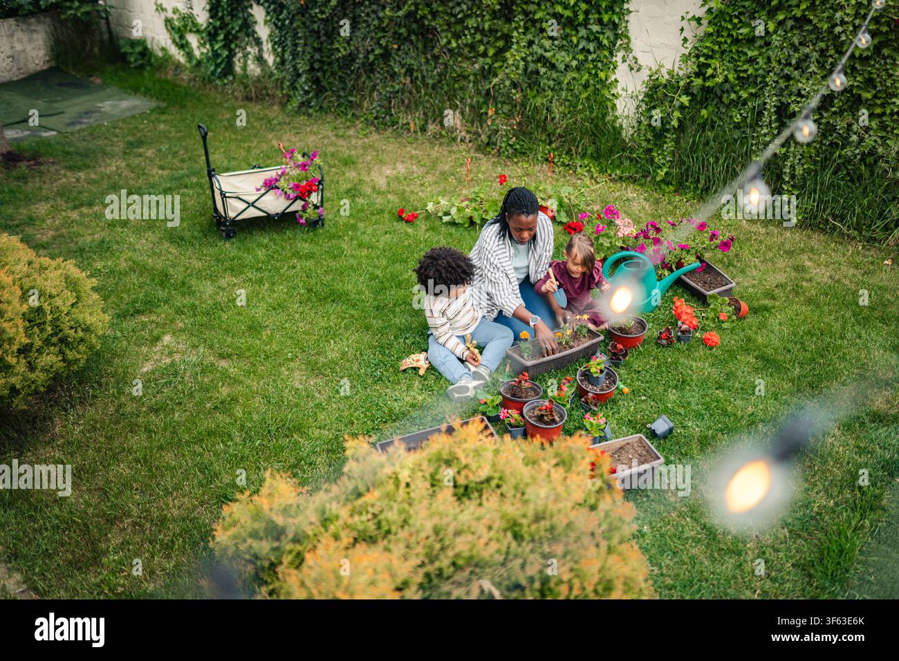 Madre e bambini piantano fiori nel giardino sul retro Foto Stock