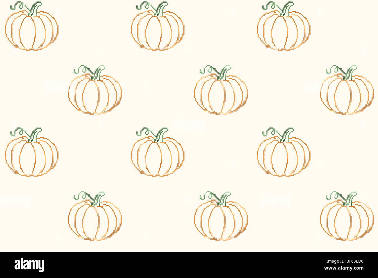 Banner a motivo senza cuciture di ricamo a punto croce con zucca autunnale. Sfondo ripetitivo di lavoro a punto croce vintage pixelato con arancione monocromo fatto a mano Illustrazione Vettoriale