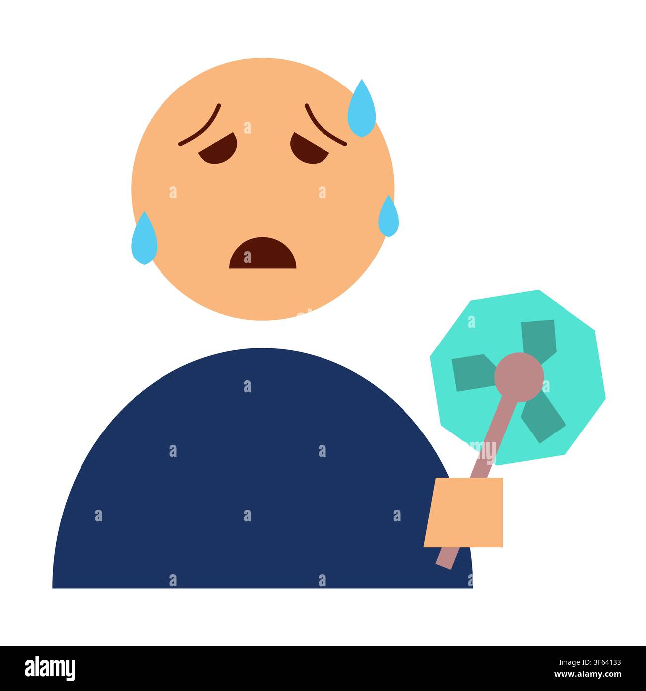 Persona esausta e sudata che tiene un ventaglio manuale durante un'ondata di caldo, illustrazione Illustrazione Vettoriale