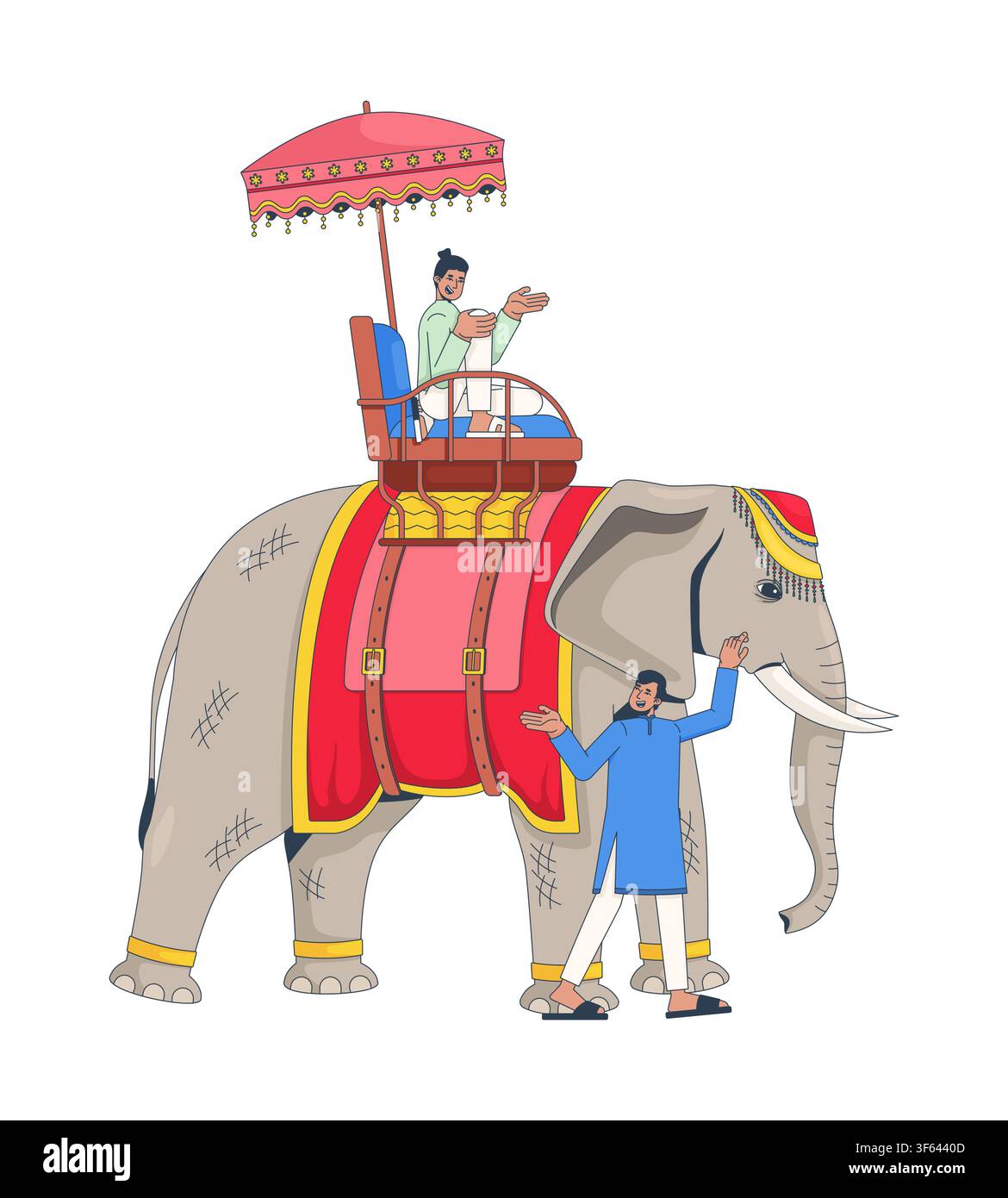 Turista in sella a un elefante decorato con mahout in India, illustrazione vettoriale 2D Illustrazione Vettoriale