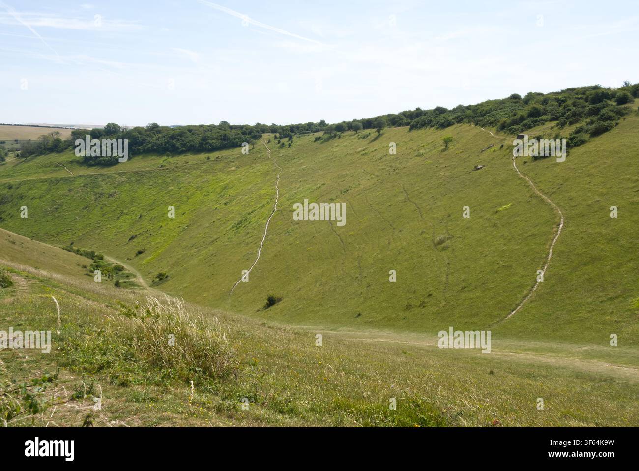 Valle secca nelle colline di gesso del Devils Dyke sui South Downs vicino a Brighton nell'East Sussex, Inghilterra. Foto Stock