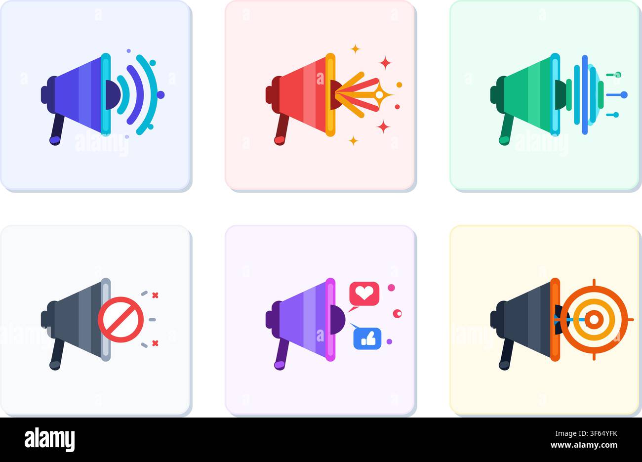 Icone di megafono con onde sonore ed effetti. Simboli di comunicazione vettoriali per annunci e avvisi. Illustrazione Vettoriale