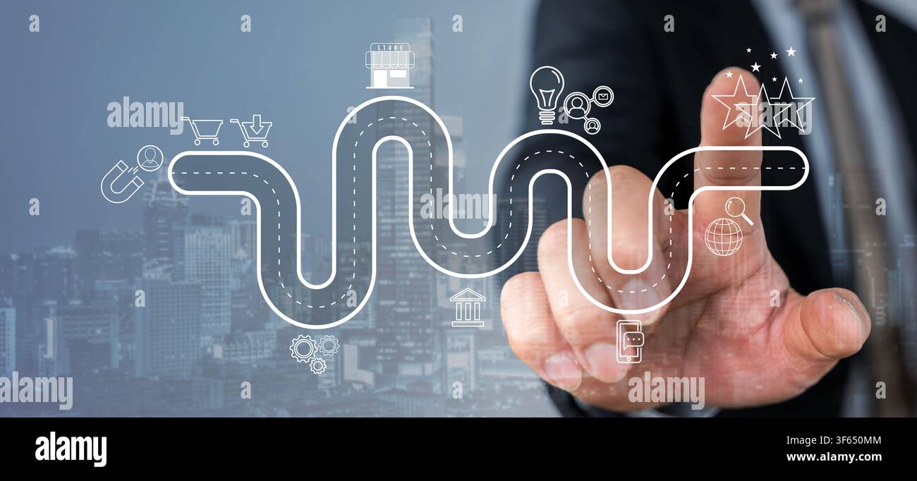 Mano aziendale che tocca un percorso cliente virtuale con icone commerciali, illustrando la strategia di marketing digitale, l'esperienza utente, la generazione di lead Foto Stock