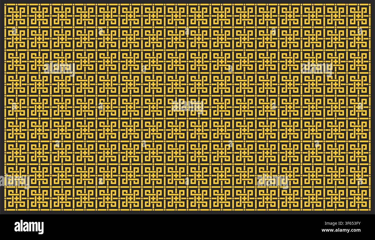 Modello a reticolo geometrico senza cuciture in oro e nero con intricato design tradizionale a chiave di labirinto interlock per tessuti decorativi eleganti da sfondo. Illustrazione Vettoriale