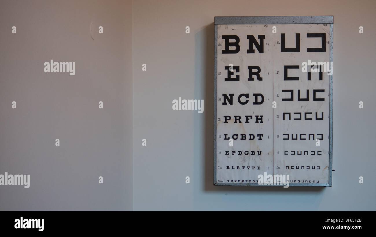 Tabella di test oculare Snellen vintage con lettere e simboli Landolt C montata su una parete semplice — Concetto di optometria, test della vista e salute oculare Foto Stock