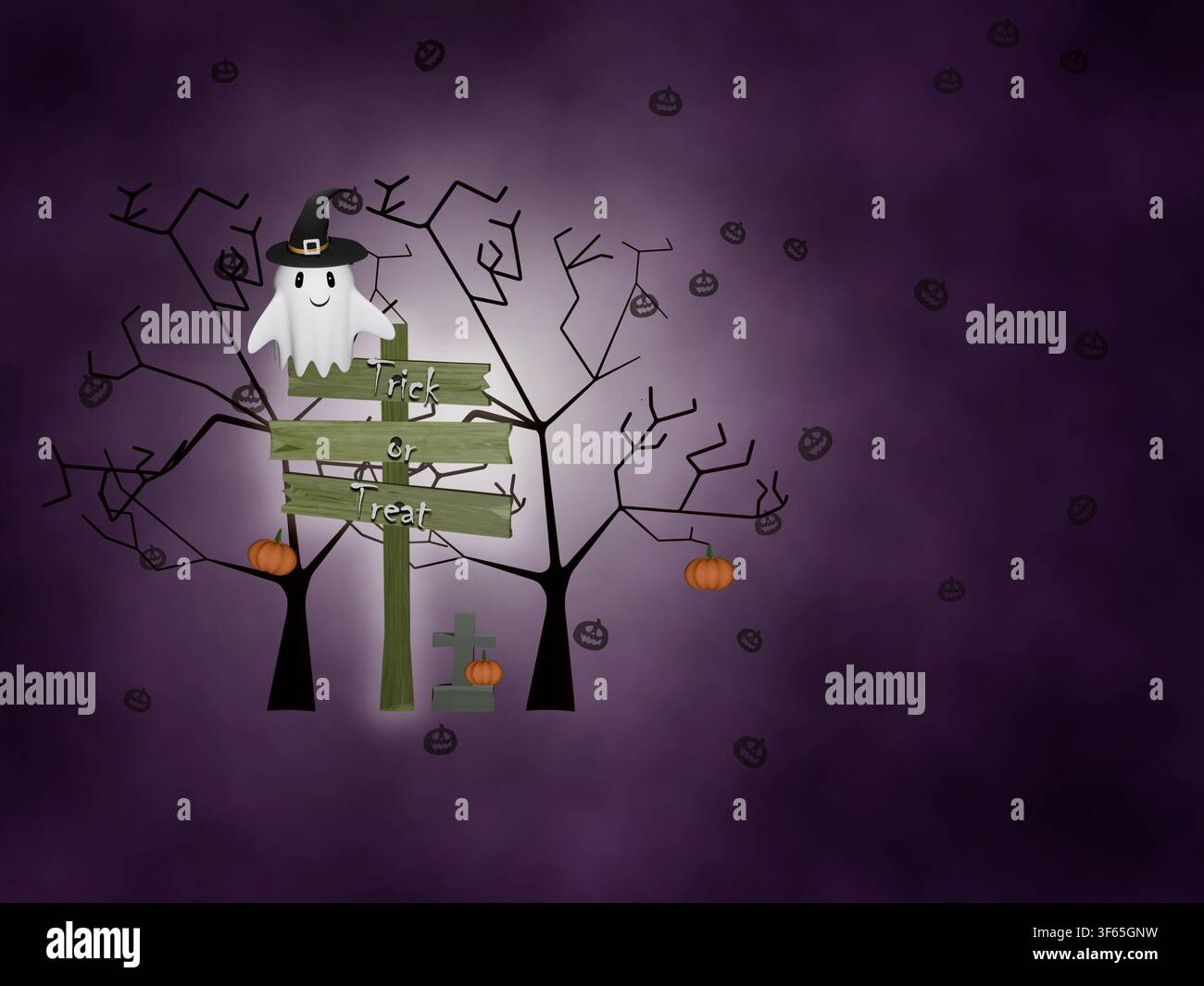 Amici fantasmi carini per Halloween e vecchio cartello di legno traballante su uno sfondo viola nebbioso Foto Stock