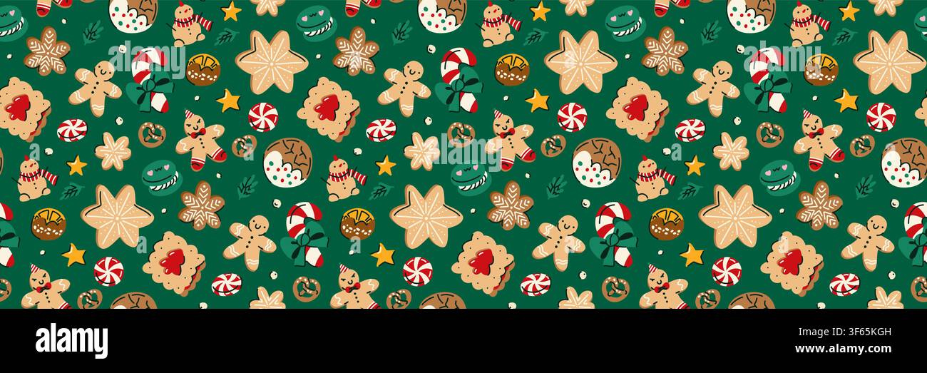 Modello senza cuciture di biscotti natalizi con omini di pan di zenzero, biscotti festivi, dolcetti da forno per le feste e dolci invernali in un accogliente stile scandinavo disegnato a mano Illustrazione Vettoriale