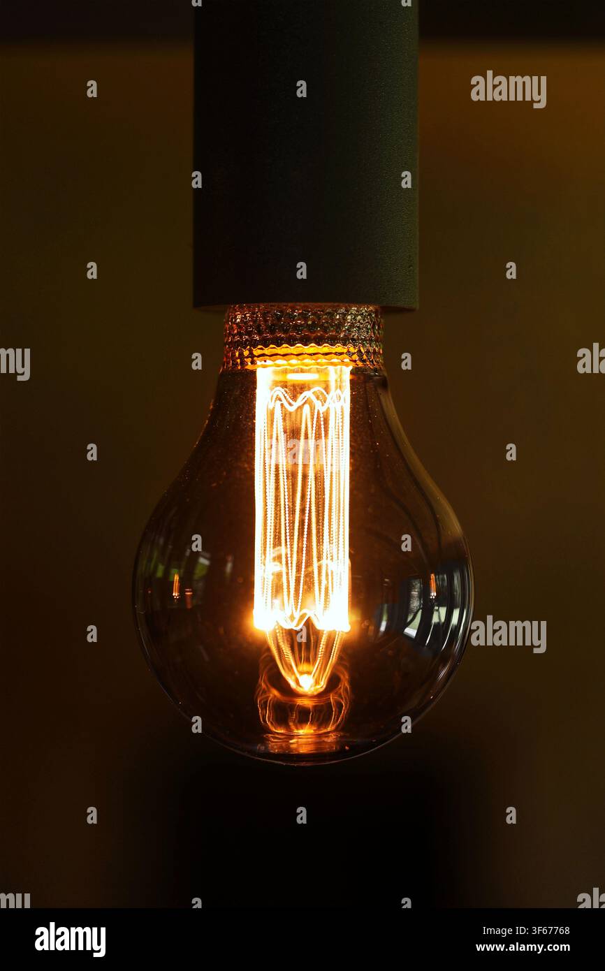 Lampadina accesa in primo piano su sfondo scuro verticale Foto Stock