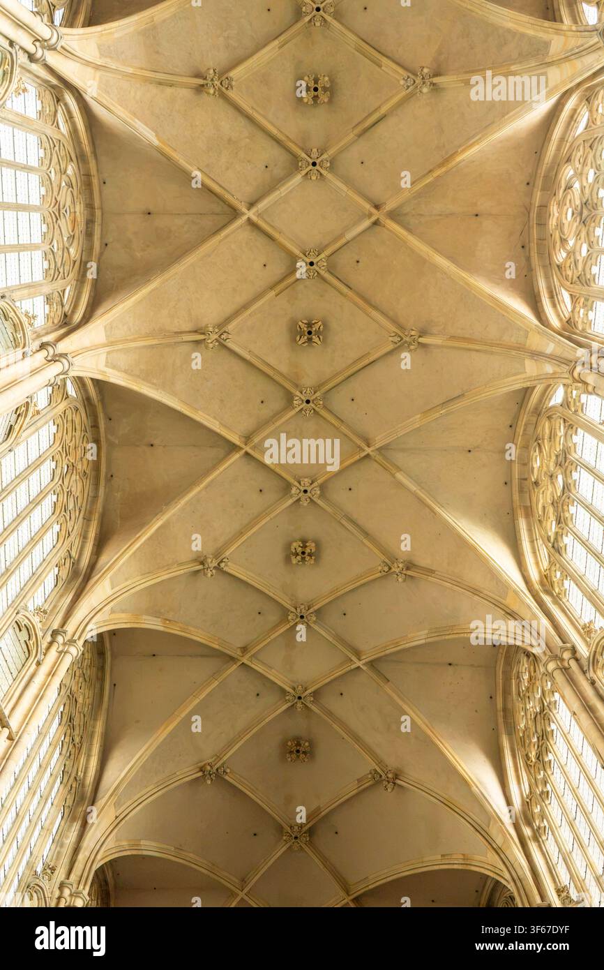 Soffitto a volta a rete gotico progettato da Peter Parler all'interno della Cattedrale di San Vito a Praga, Repubblica Ceca Foto Stock