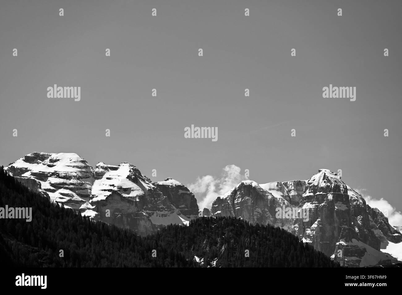 Una fotografia di paesaggio ampia e drammatica in bianco e nero che cattura pendici montuose scure e boschive in primo piano, che conducono a maestosi picchi alpini frastagliati pesantemente ricoperti di neve. La scena ad alto contrasto è ambientata sotto un cielo grigio liscio ed esteso, enfatizzando le texture e i contorni netti del terreno ad alta quota. Foto Stock