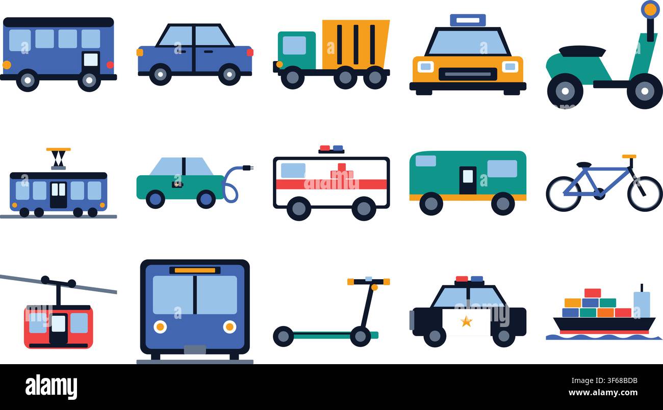 Collezione di veicoli di trasporto urbano colorati in design piatto. Set di icone di trasporto urbano moderno con camion, auto, scooter e biciclette. Illustrazione Vettoriale