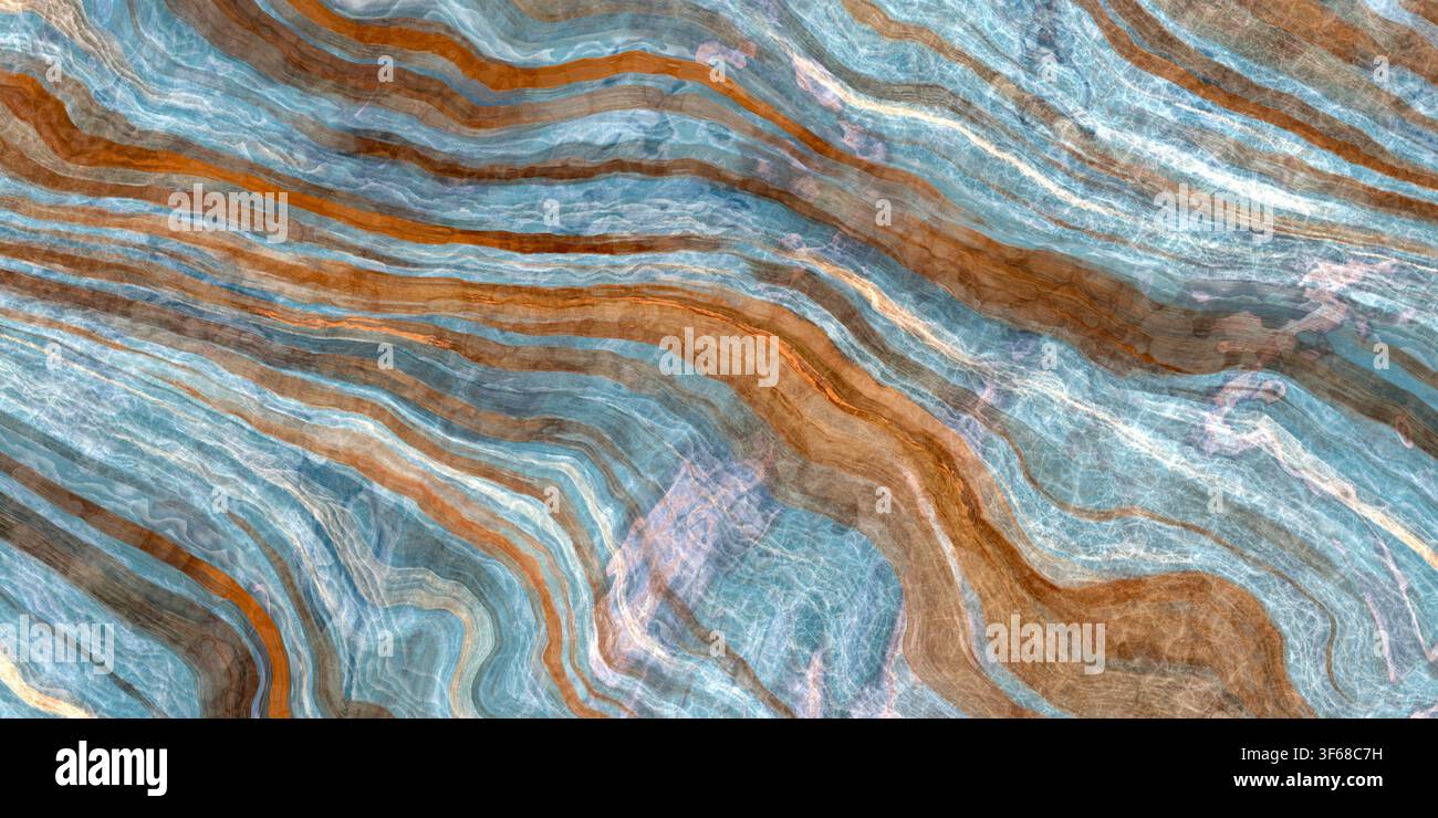 Textura macro astratta di marmo onice blu e marrone ambrato con venature minerali fluide. Foto Stock