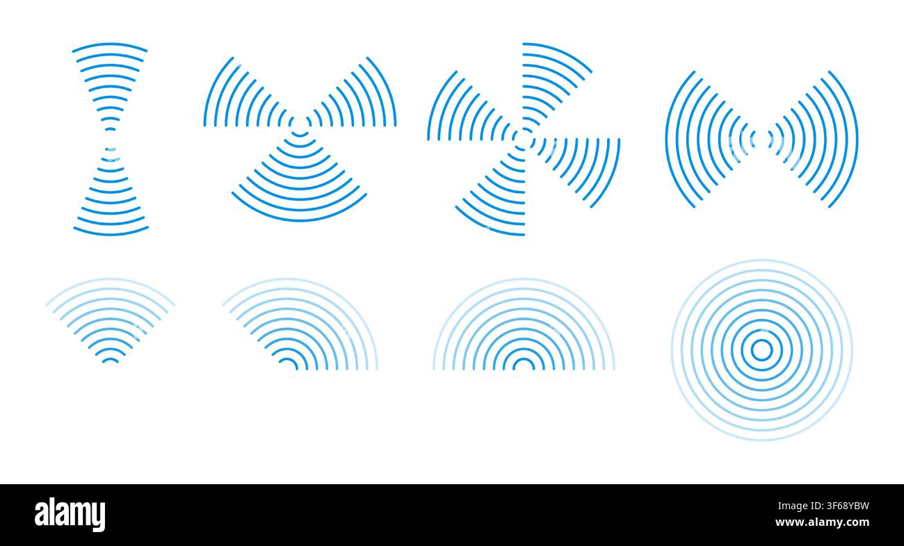 Onde sonore e icone radar. Onde di linea vettoriali che si espandono in movimento circolare, ideali per la rilevazione sonar, segnali senza fili e progetti di tecnologia acustica Illustrazione Vettoriale