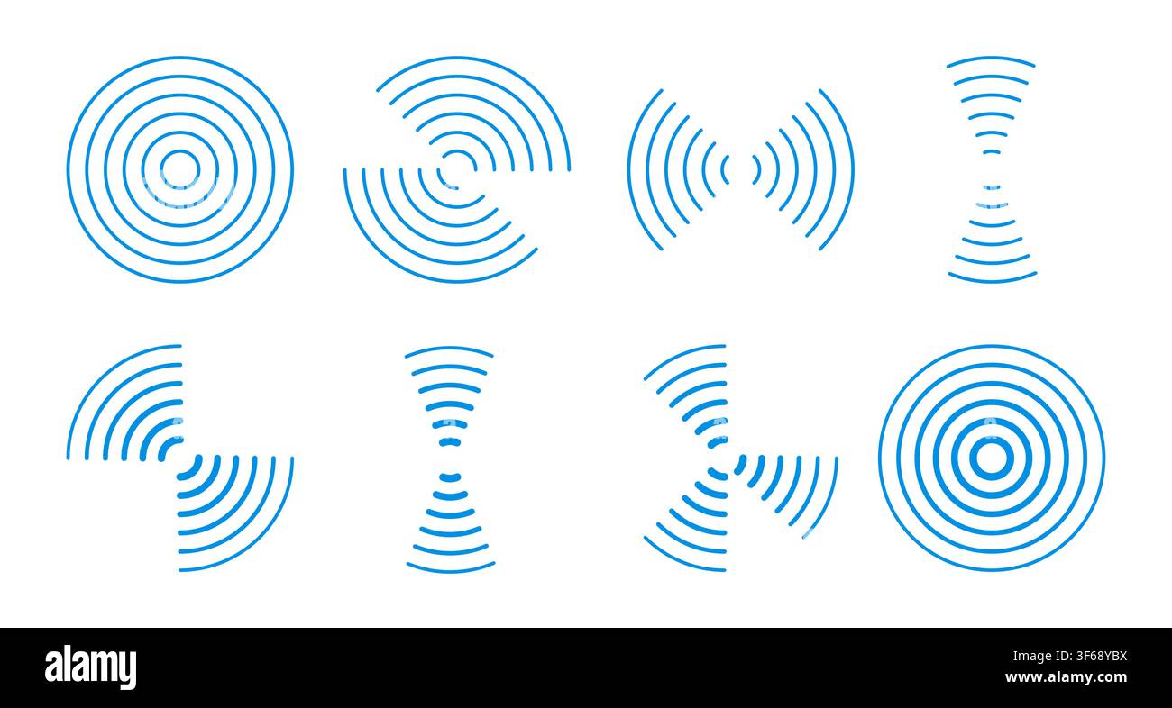 Onde sonore increspate vettoriali. Icone radar a linee pulite per interfacce di sensori, app audio e grafica per tecnologie senza fili. Illustrazione Vettoriale