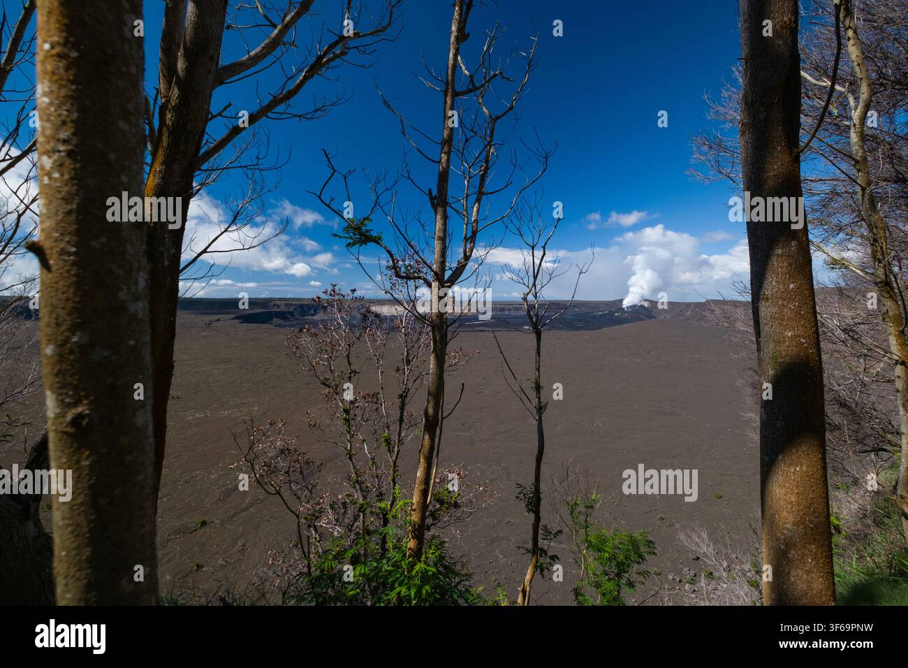 Catturato dal bordo del Kīlauea, questa veduta mostra l'immensa scala del Parco Nazionale dei Vulcani delle Hawaii. La luce del sole illumina un vasto campo di lava wit Foto Stock
