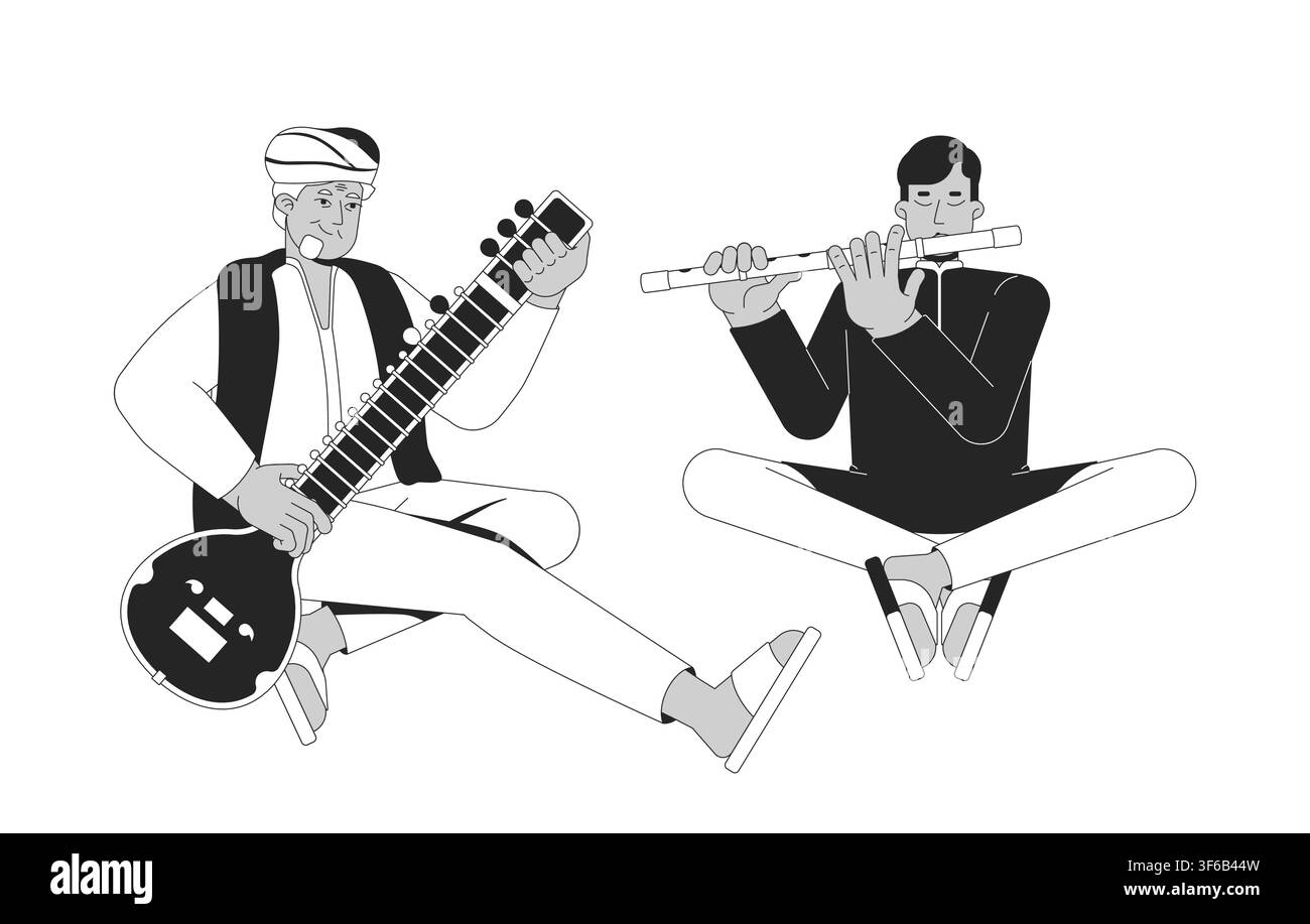 Musicisti indiani tradizionali che suonano sitar e flauto, illustrazione a linea piatta Illustrazione Vettoriale