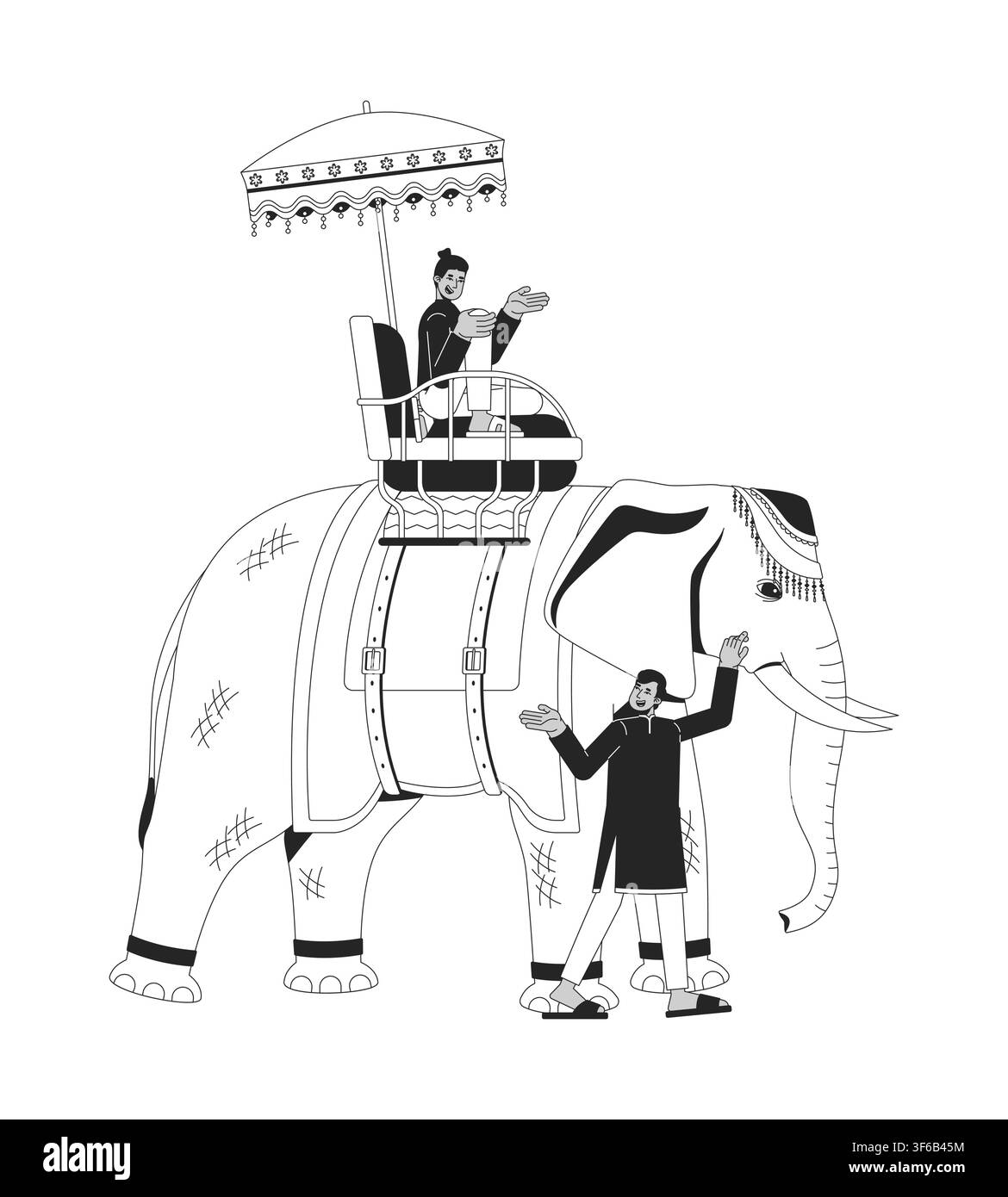 Turista in sella a un elefante decorato con mahout in India illustrazione a linea piatta Illustrazione Vettoriale