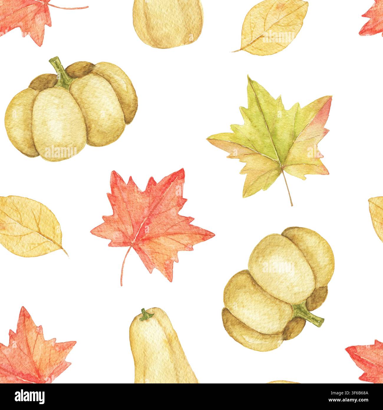 Modello acquerello senza cuciture con zucche di raccolto, zucchine e foglie d'acero colorate. Design autunnale ripetitivo per stoffa, carta da parati, cartoleria e mare Foto Stock