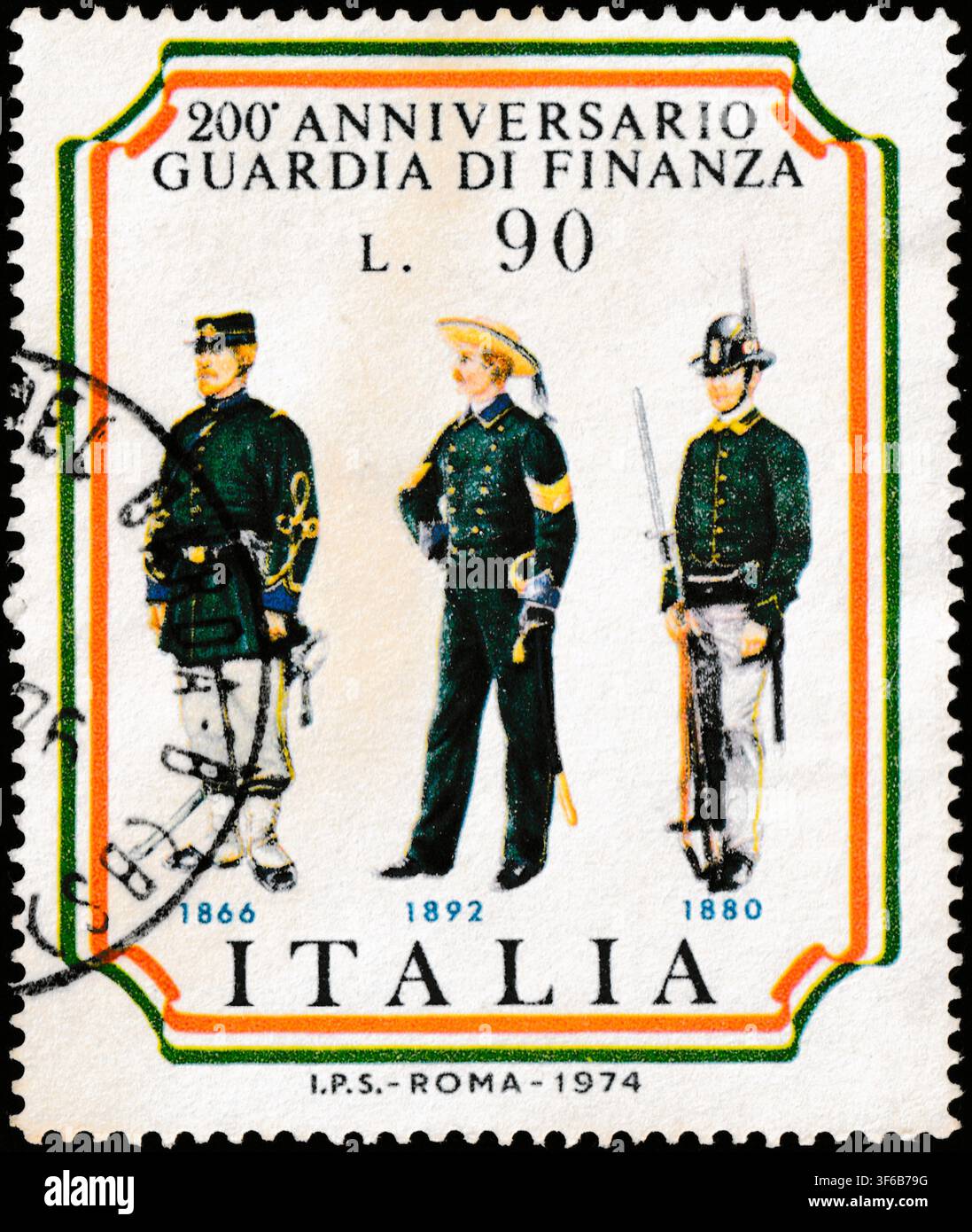 Francobollo italiano da 90 Lire per il 200° anniversario della Guardia di Finanza 1974 Foto Stock