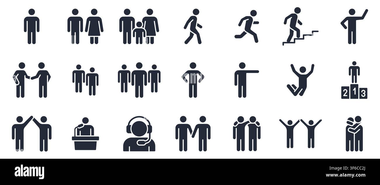 Set di icone glifi persone. Persona che cammina, corre, uomo felice, famiglia, capo aziendale, amici che si abbracciano, gruppo di squadra, madre figlio illustrazioni vettoriali minimali Illustrazione Vettoriale