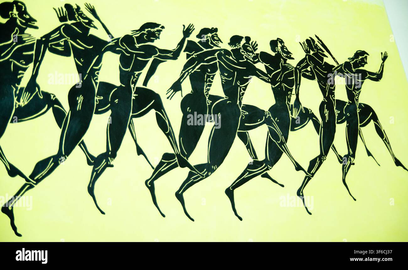 una foto di illustrazione vettoriale di una fila di uomini neri danzanti sul muro di una mostra d'arte nel Regno Unito Foto Stock